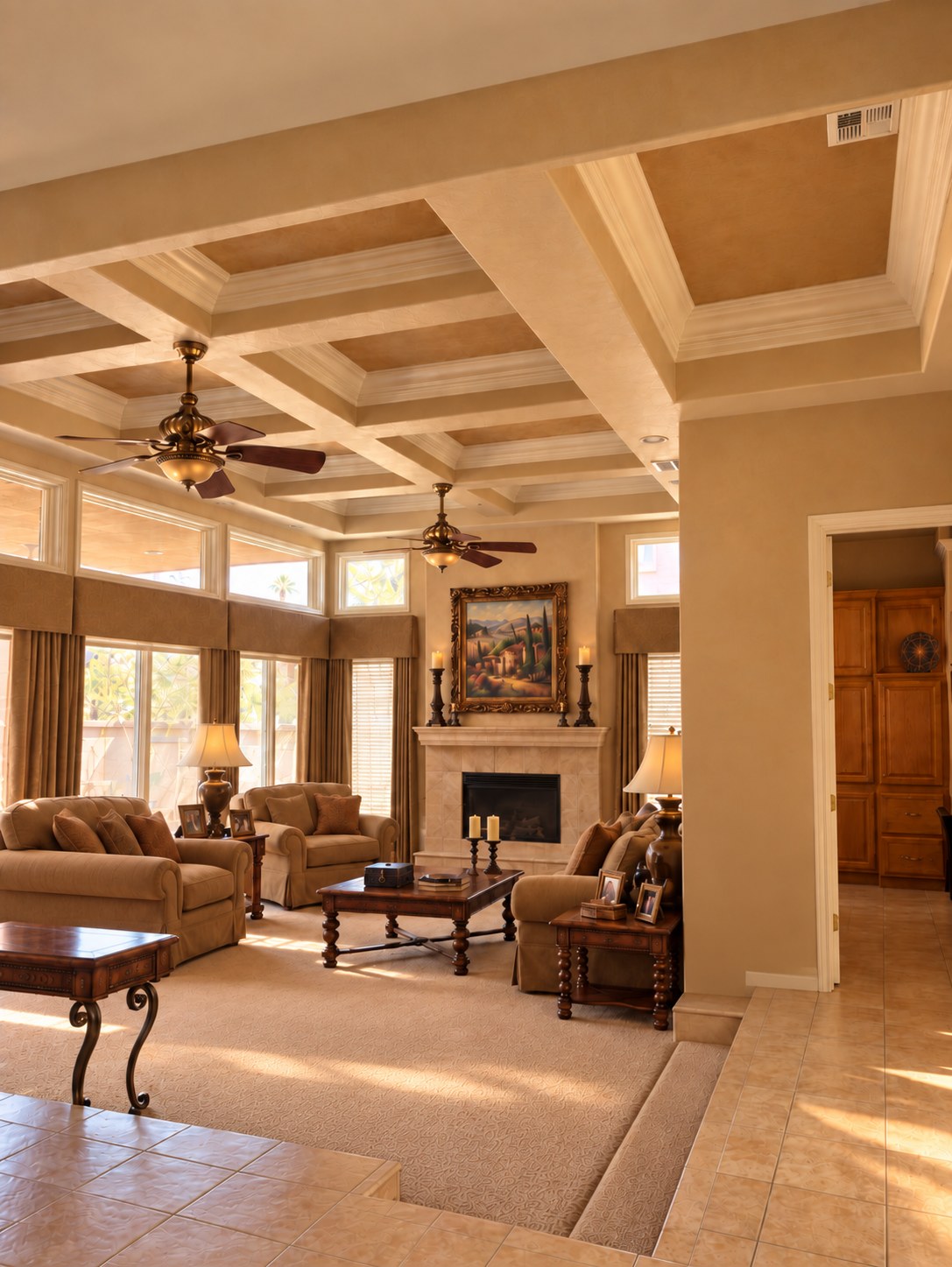 Living room before MSWT remodel — warm tan tones and carpet