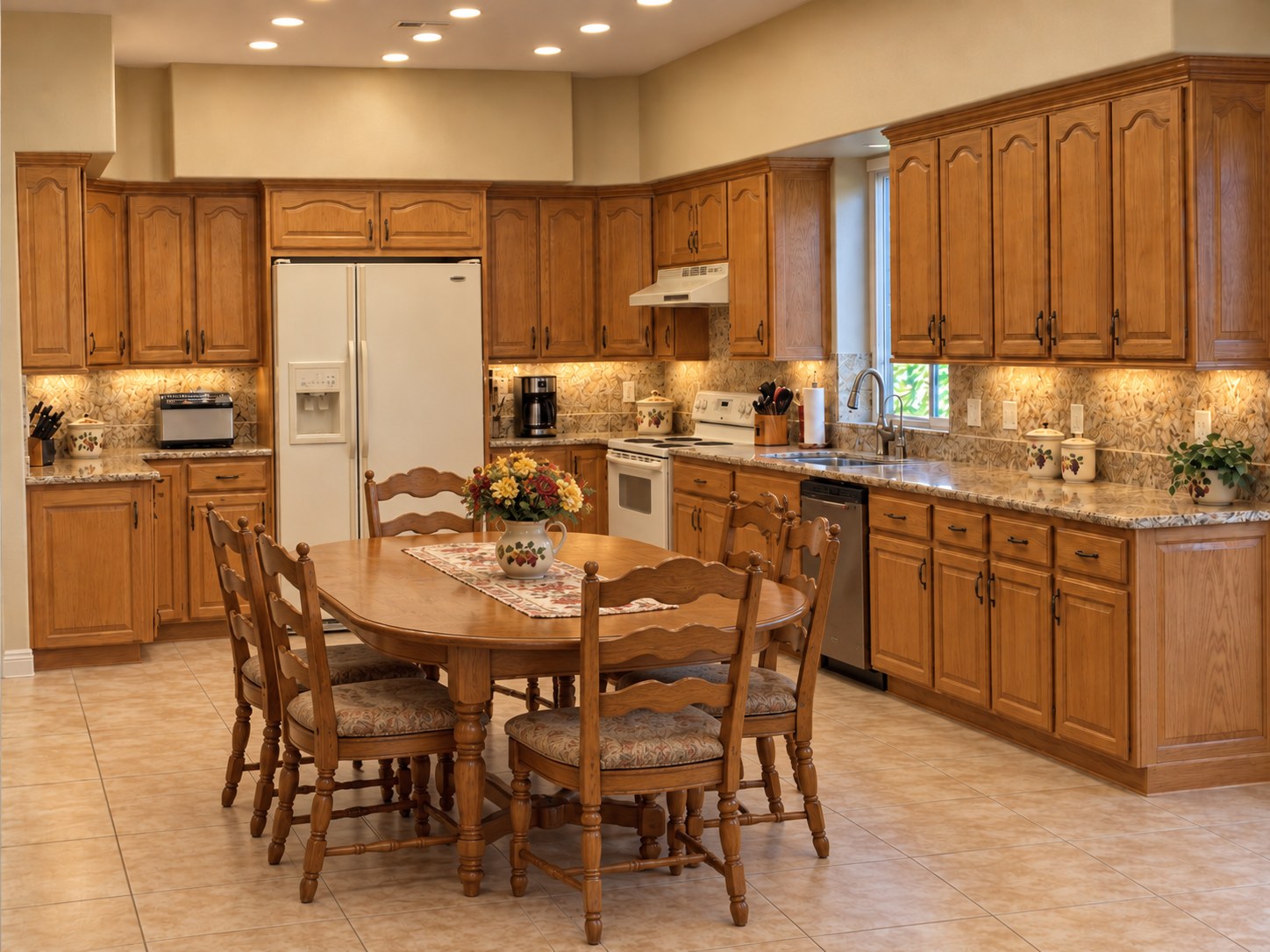 Kitchen before MSWT remodel — oak cabinets and tile floor
