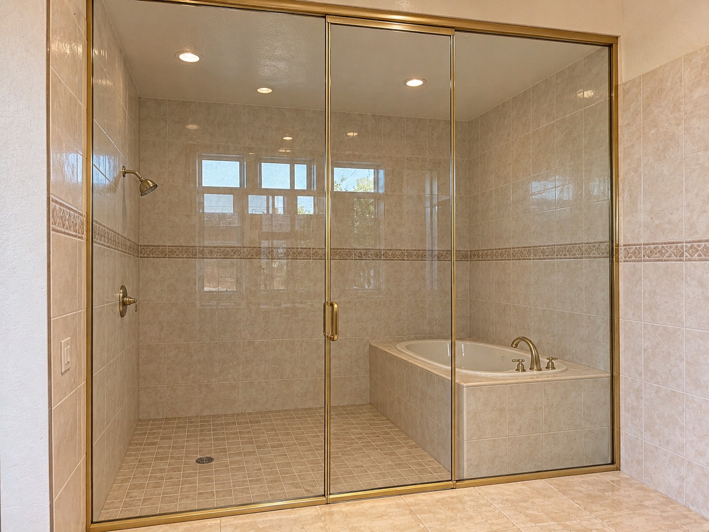 Bathroom before MSWT remodel — brass shower enclosure and built-in tub