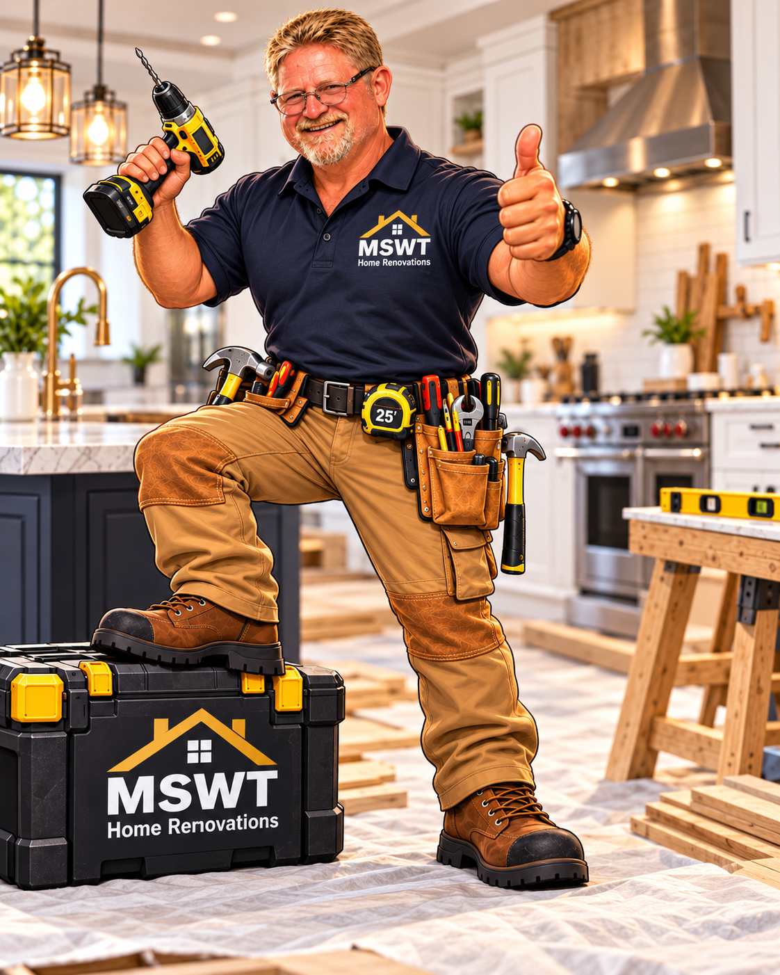 MSWT Home Renovations mascot holding remodeling tools